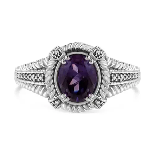 Silver 9X7 Oval mm Purple Amethyst Solitaire and Diamond Accent Ring by Haus of Brilliance