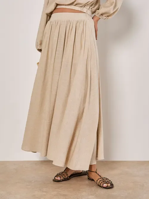 Linen Pleated Full Midi Skirt - Stone