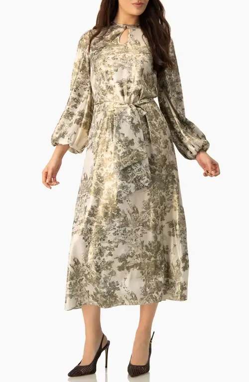 Botanical Print Satin, Long Sleeve Belted Keyhole Midi Dress by IVONNE