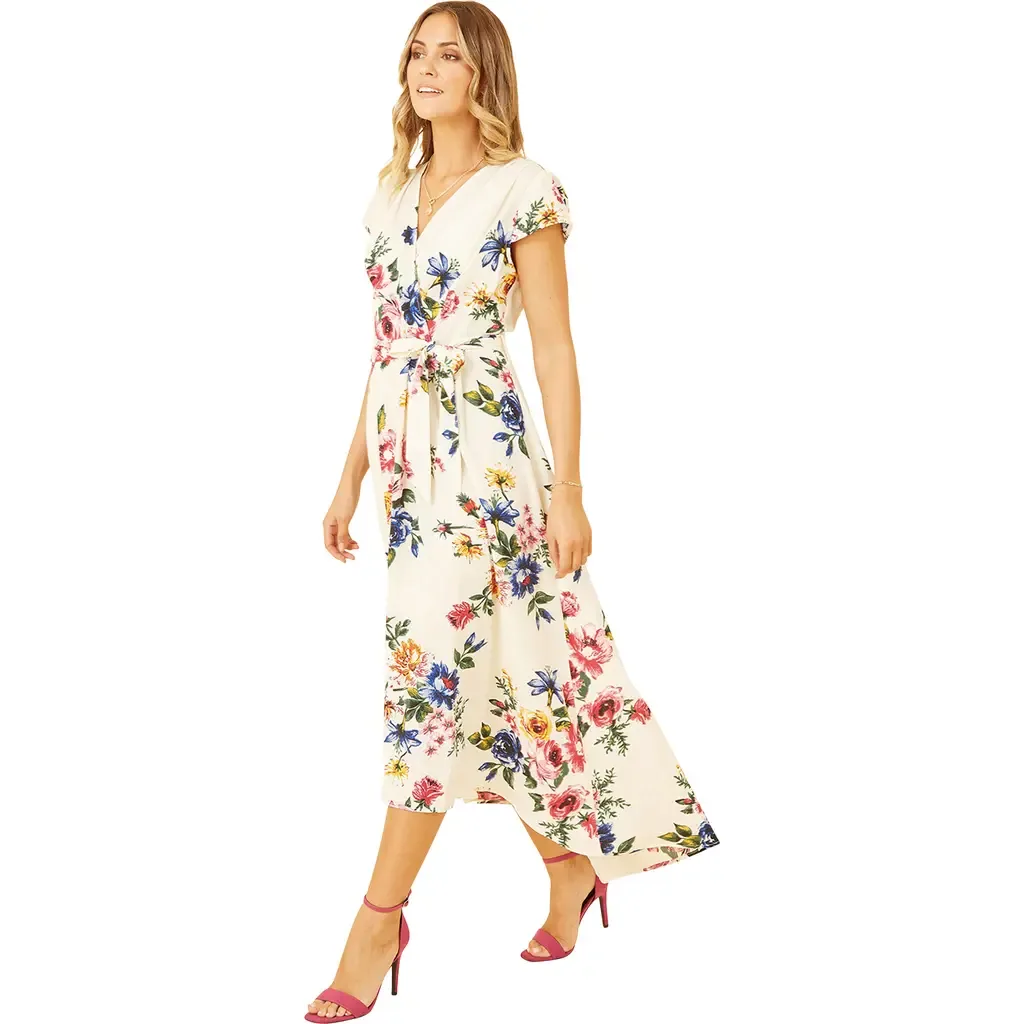 Floral Print Dip Hem Wrap Dress by Yumi