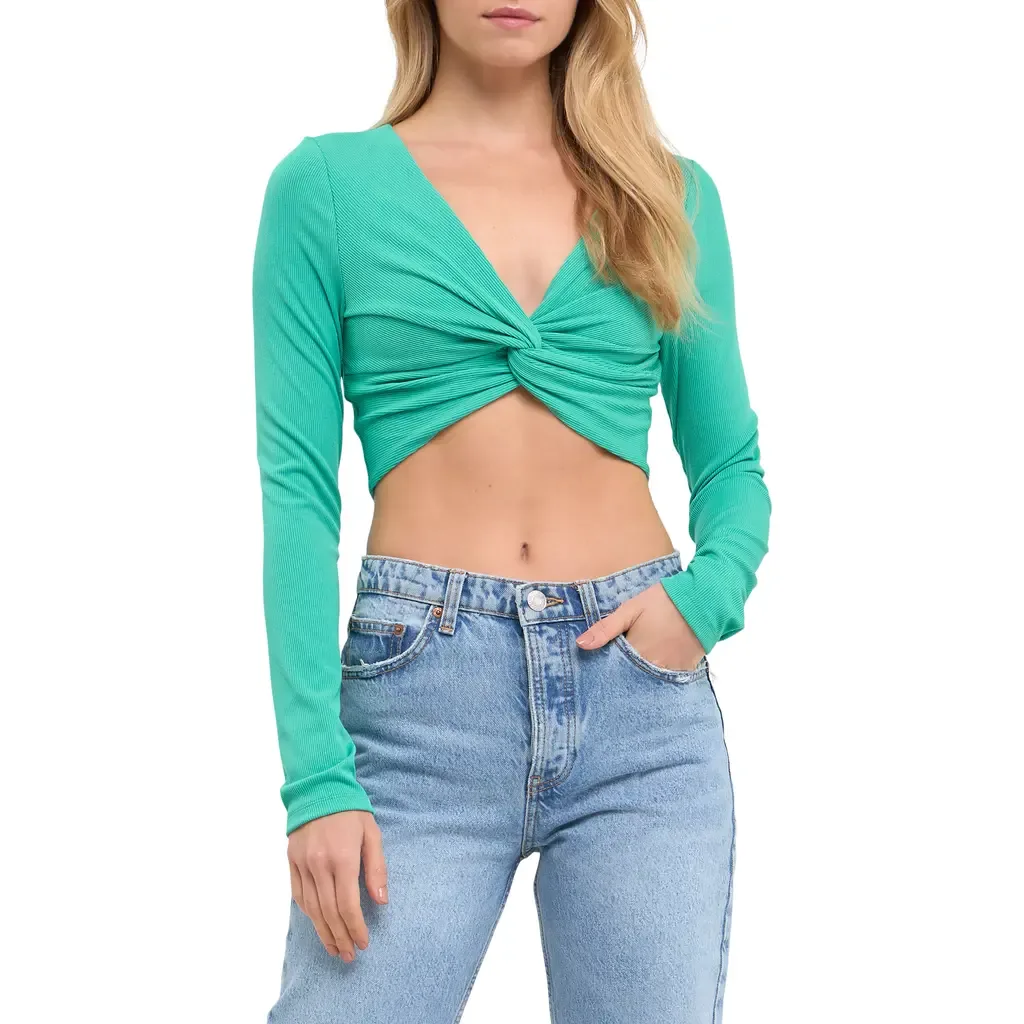 Front Twist Long Sleeve Knit Crop Top by Grey Lab