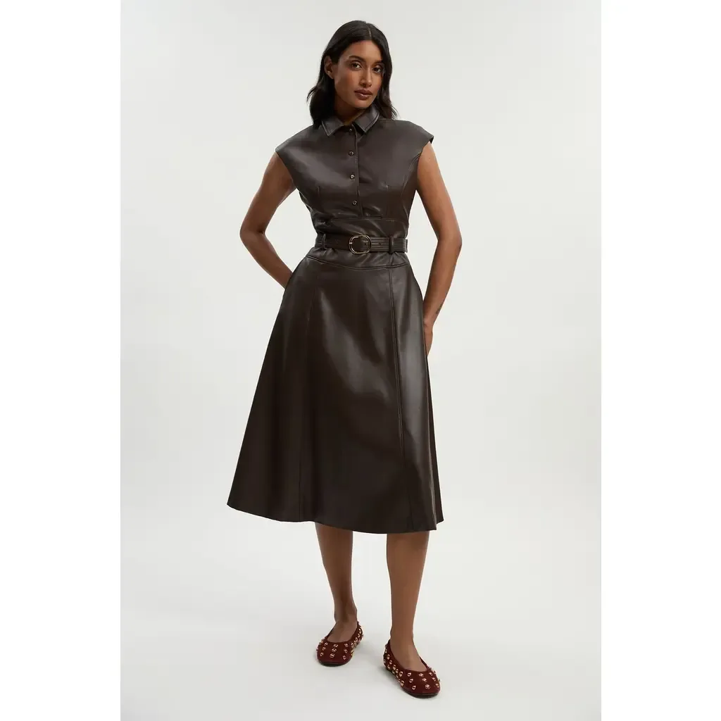 Faux Leather Belted Midi Dress by Karen Millen