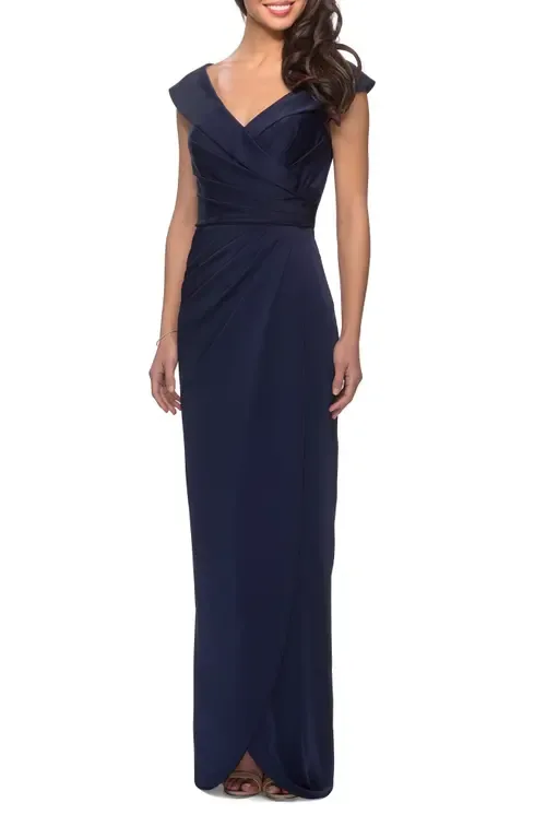 Long Jersey Dress with Ruching and Cap Sleeves by La Femme