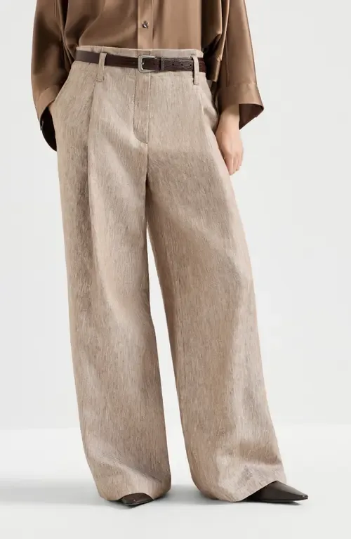 Linen Denim Pleated A-Line Trousers with Monili by Brunello Cucinelli