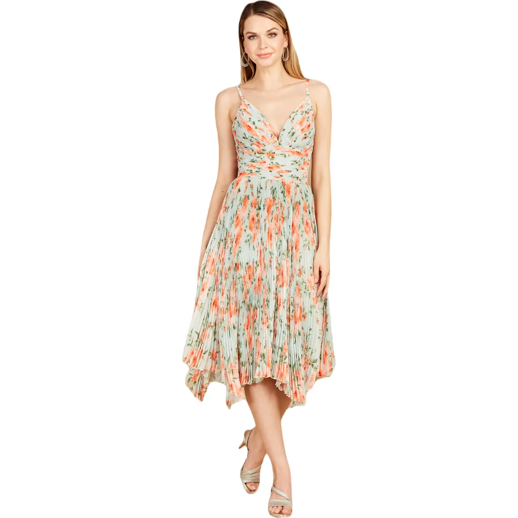 V-Neck Printed Midi Length Dress with Pleats
