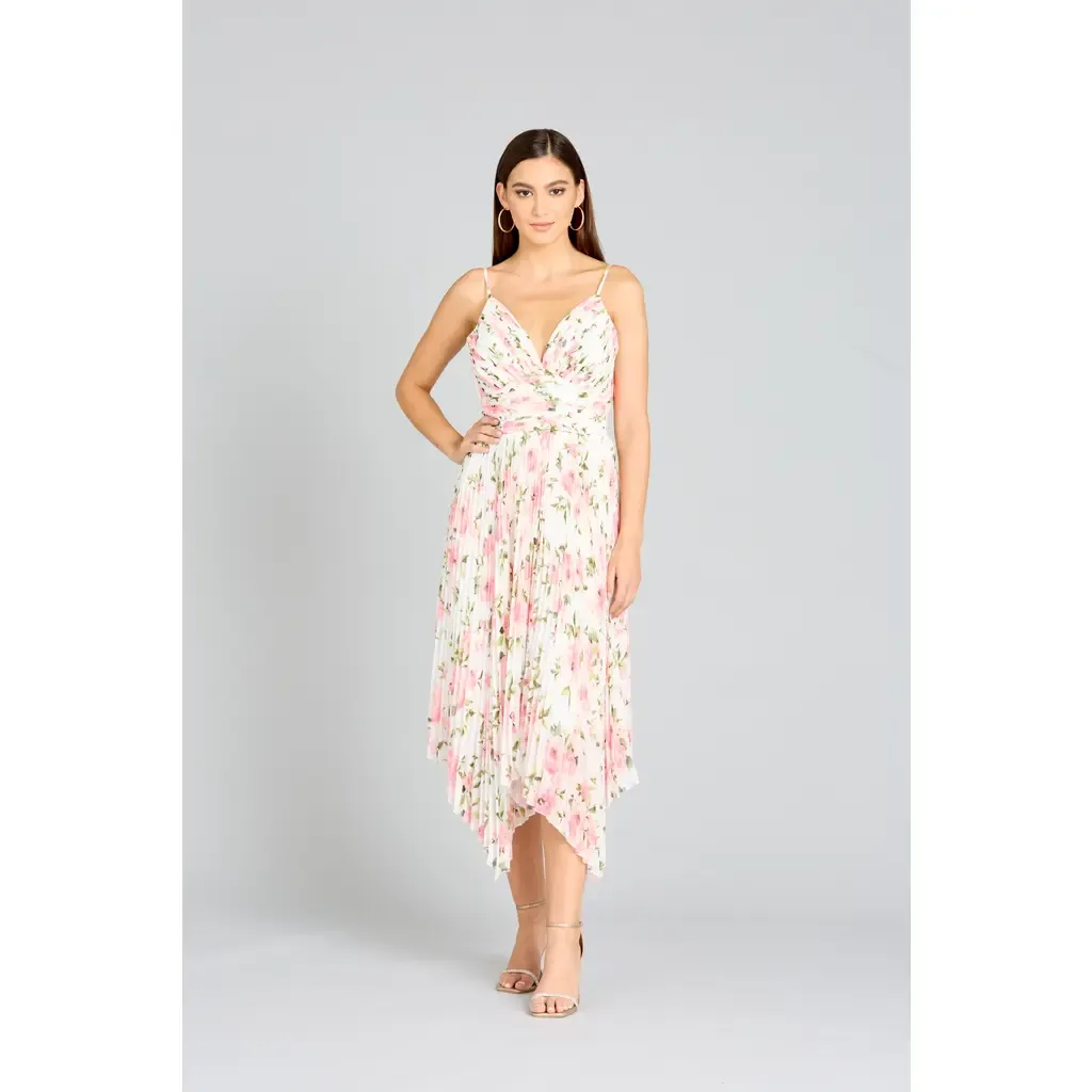 V-Neck Printed Midi Length Dress with Pleats