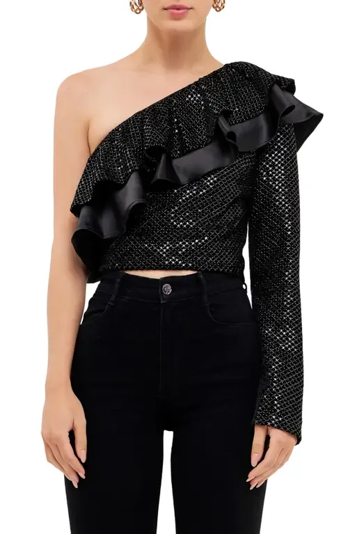 One-Shoulder Sequin & Velvet Top by Endless Rose