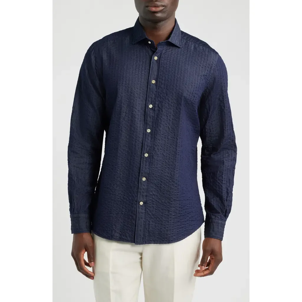 Crinkle Stripe Cotton Denim Button-Up Shirt by Emanuel Berg