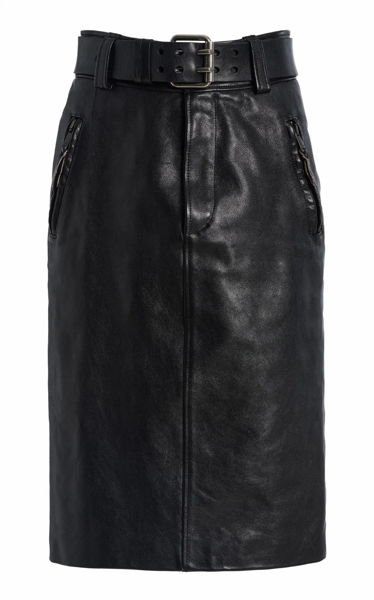 Belted High-Rise Leather Midi Skirt