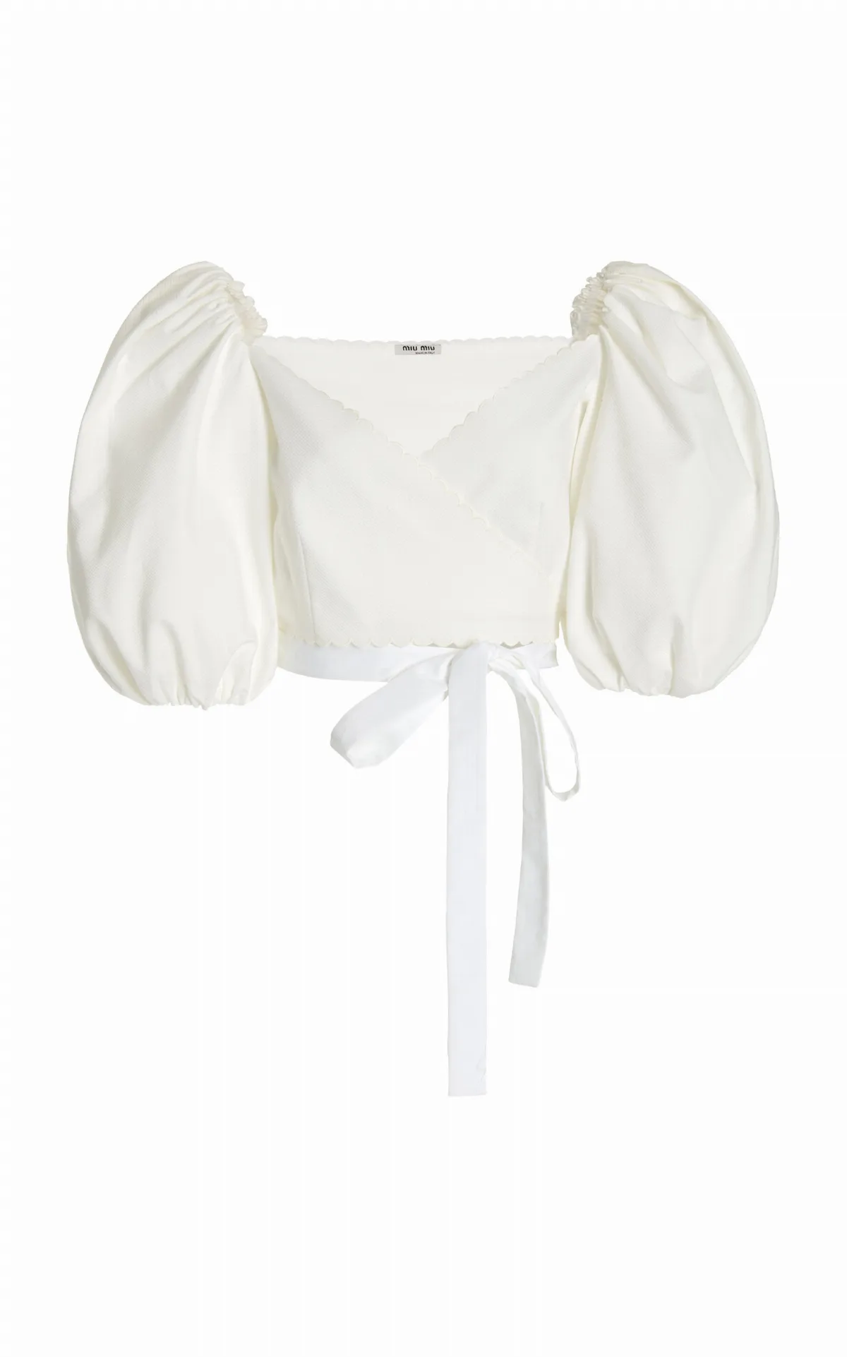 Puff-Sleeve Cotton Pique Cropped Wrap Top by Miu Miu