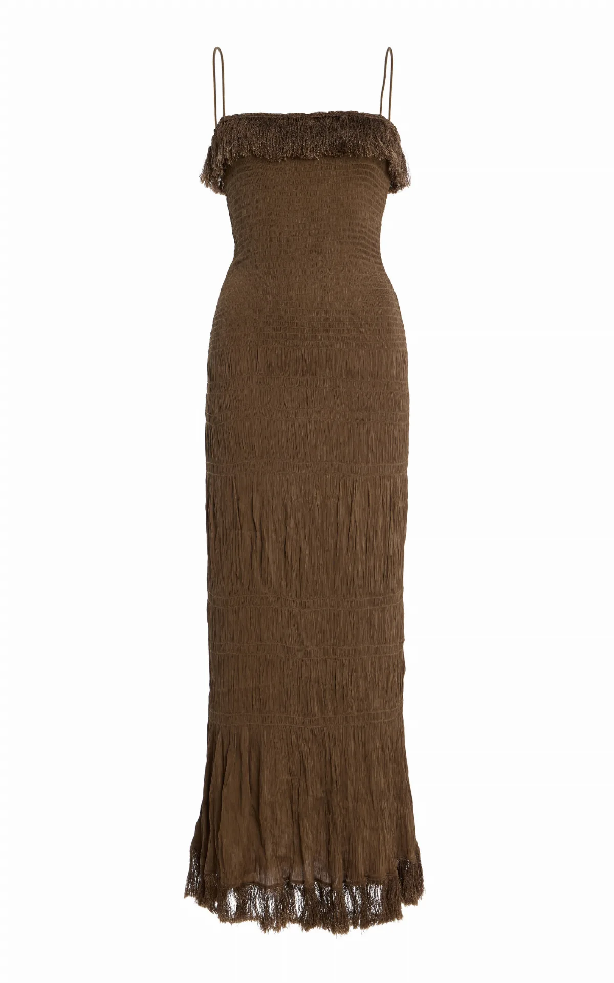 Nova Fringe Smocked Satin Maxi Dress