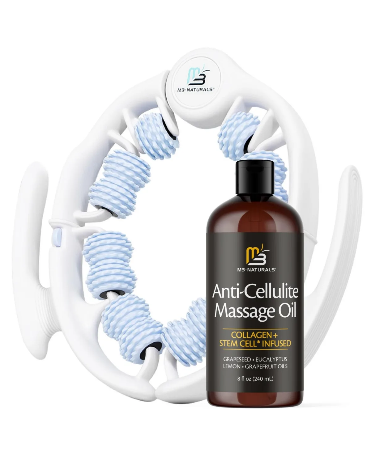 Naturals Anti-Cellulite Oil and Lymphatic Drainage Massage Roller Kit, Fascia Blaster for Body Contouring, 8 Fl Ounce by M3