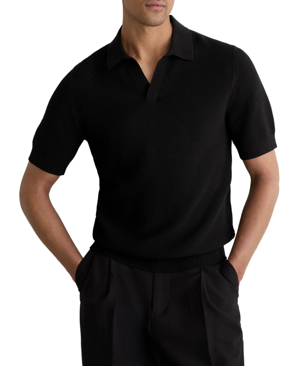 Leon Open Collar Basket Stitch Polo Shirt by Reiss