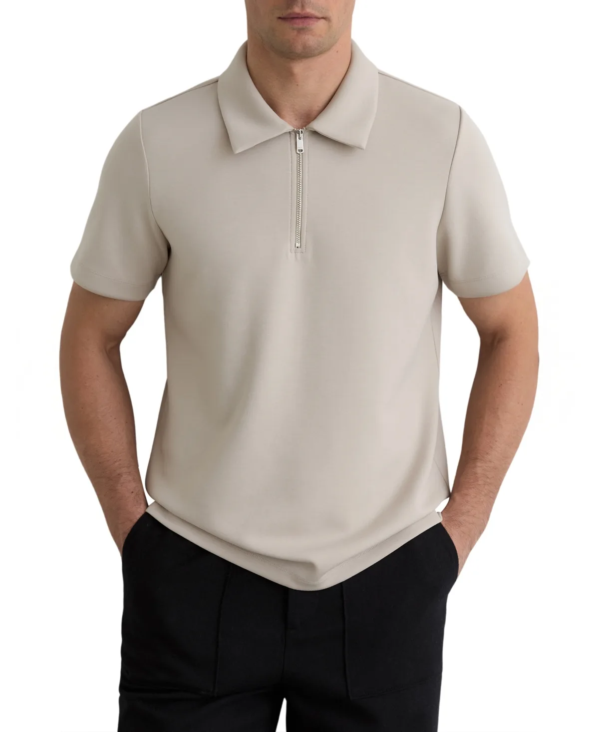 Premium Interlock Half-Zip Polo Shirt - Stone by Reiss