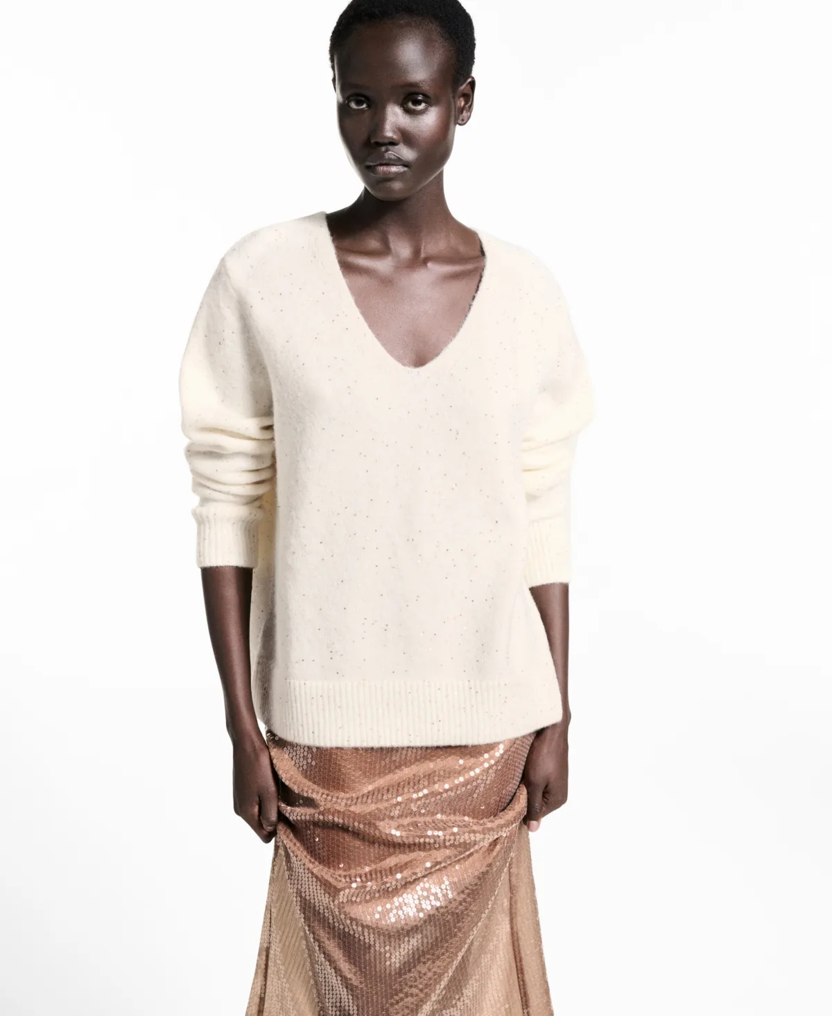 V-Neck Sequin Sweater by Mango