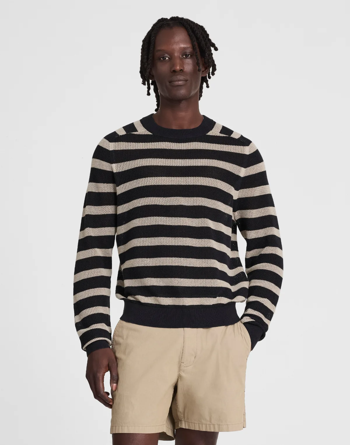 Mesh-Knit Crewneck Sweater in Lightweight Cotton-Linen Blend by MW