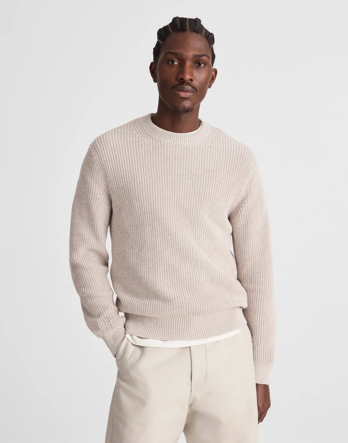 Marled Cotton Shaker-Stitch Crewneck Sweater