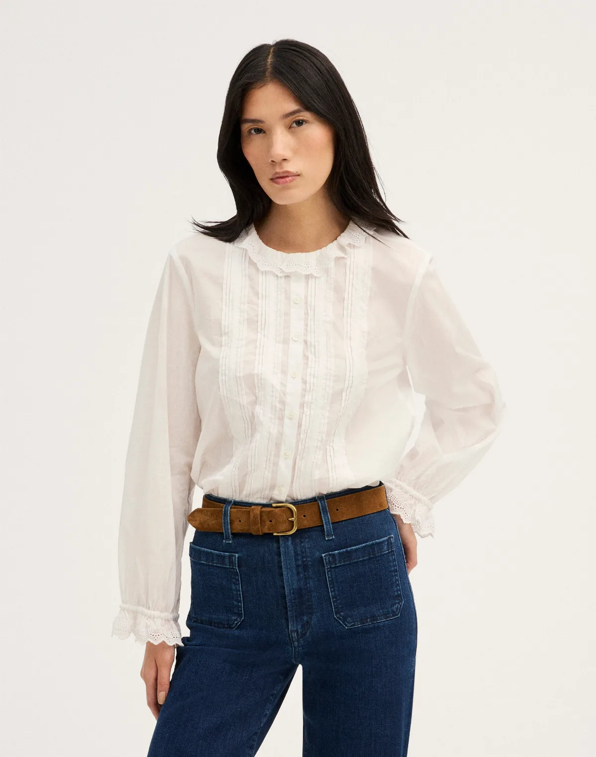 Ruffled Pintuck High-Neck Top by MW