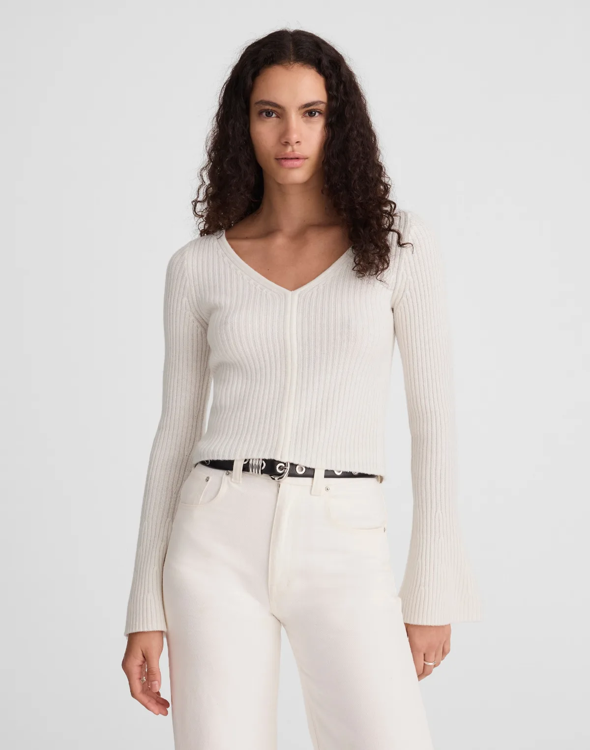 Ribbed V-Neck Sweater Top in Merino Wool by MW