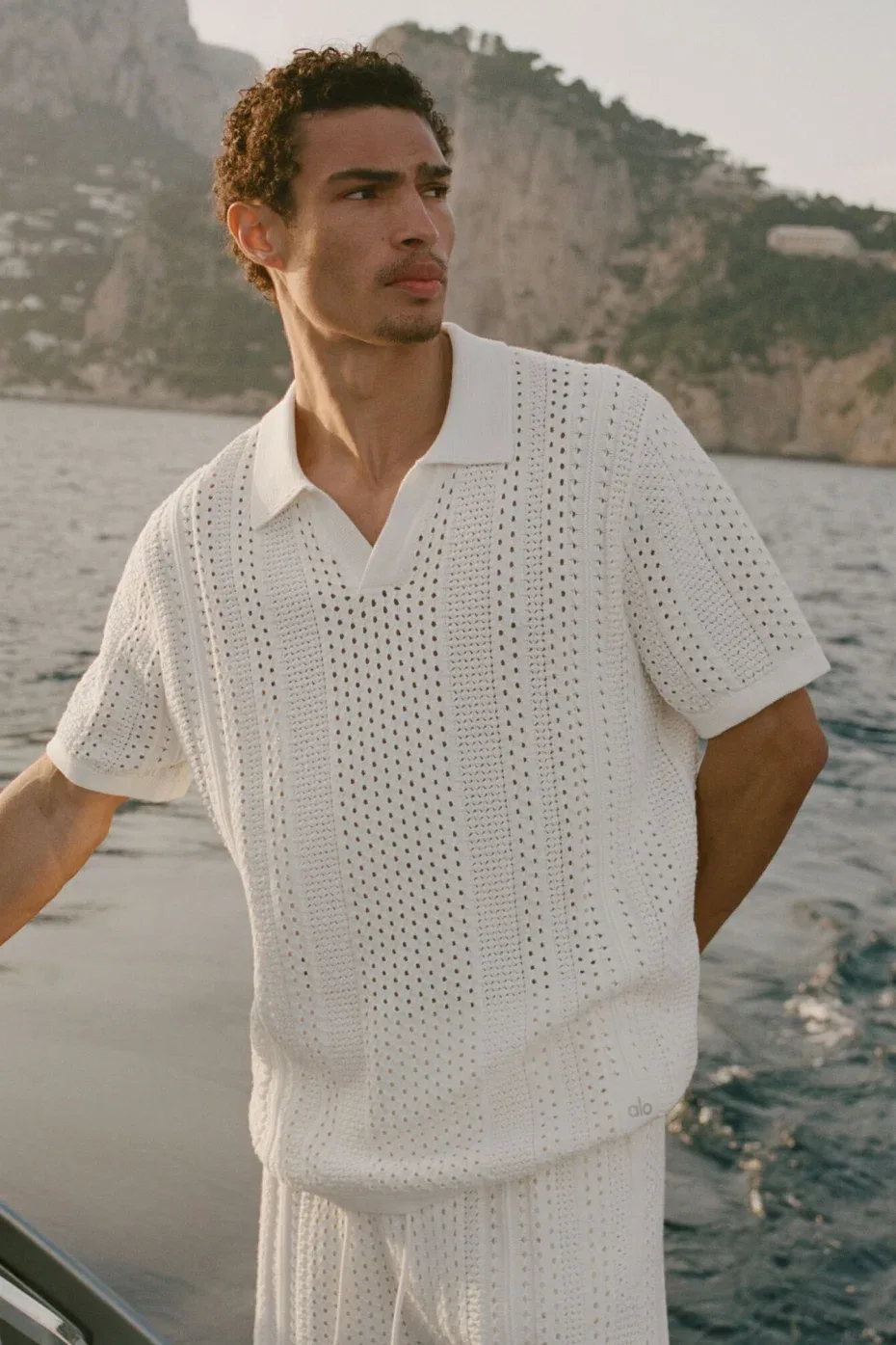 Coastline Knit Short Sleeve Polo Top by ALO
