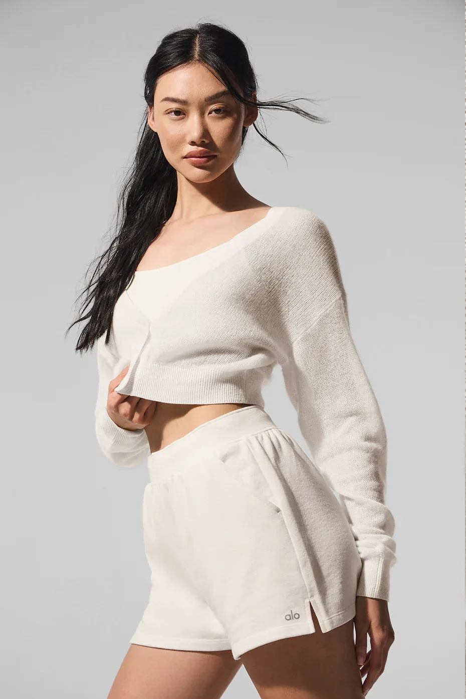 Sheer Cashmere Cropped Cardigan Sweatshirt by ALO