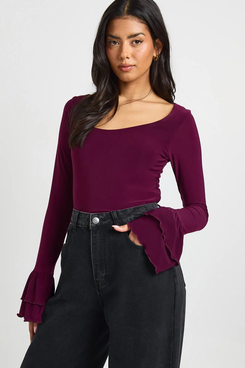 Slinky Scoop Neck Long Bell Sleeve Top by boohoo