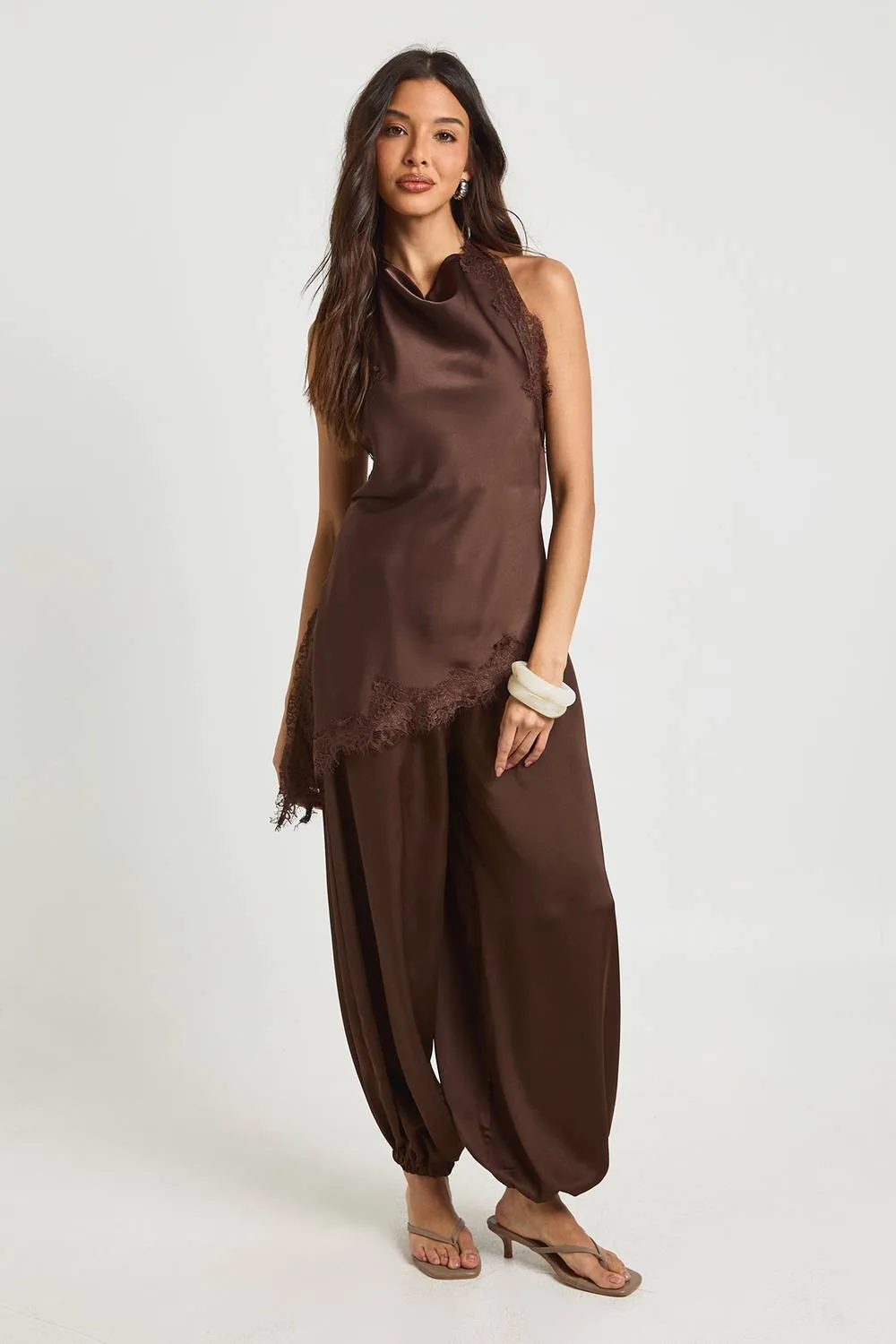 Lace Cowl Asymmetric Top in Woven by boohoo