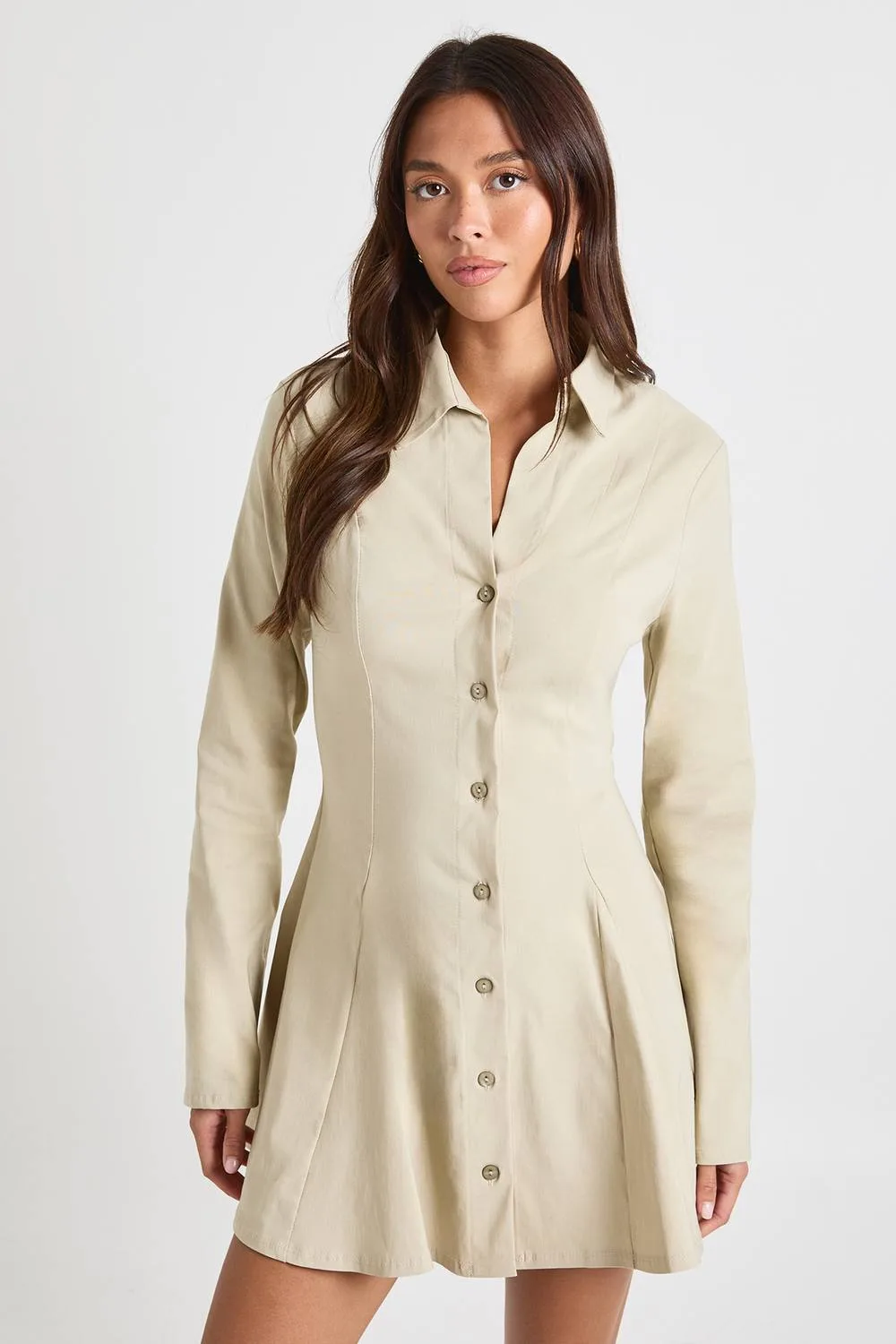 Bengaline Cinched Waist Shirt Dress - Stone