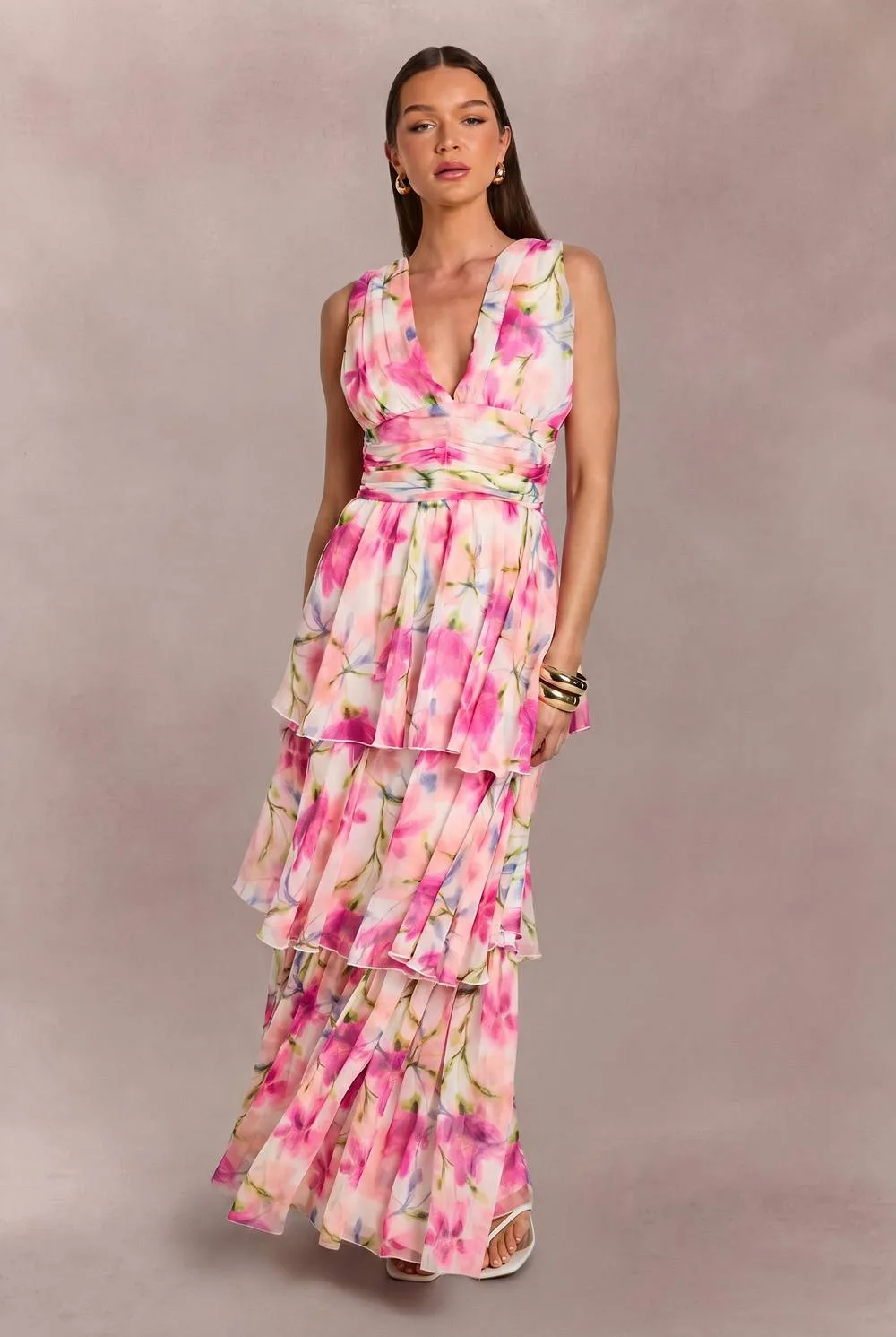 Chiffon Plunge Front Floral Tiered Maxi Dress by boohoo
