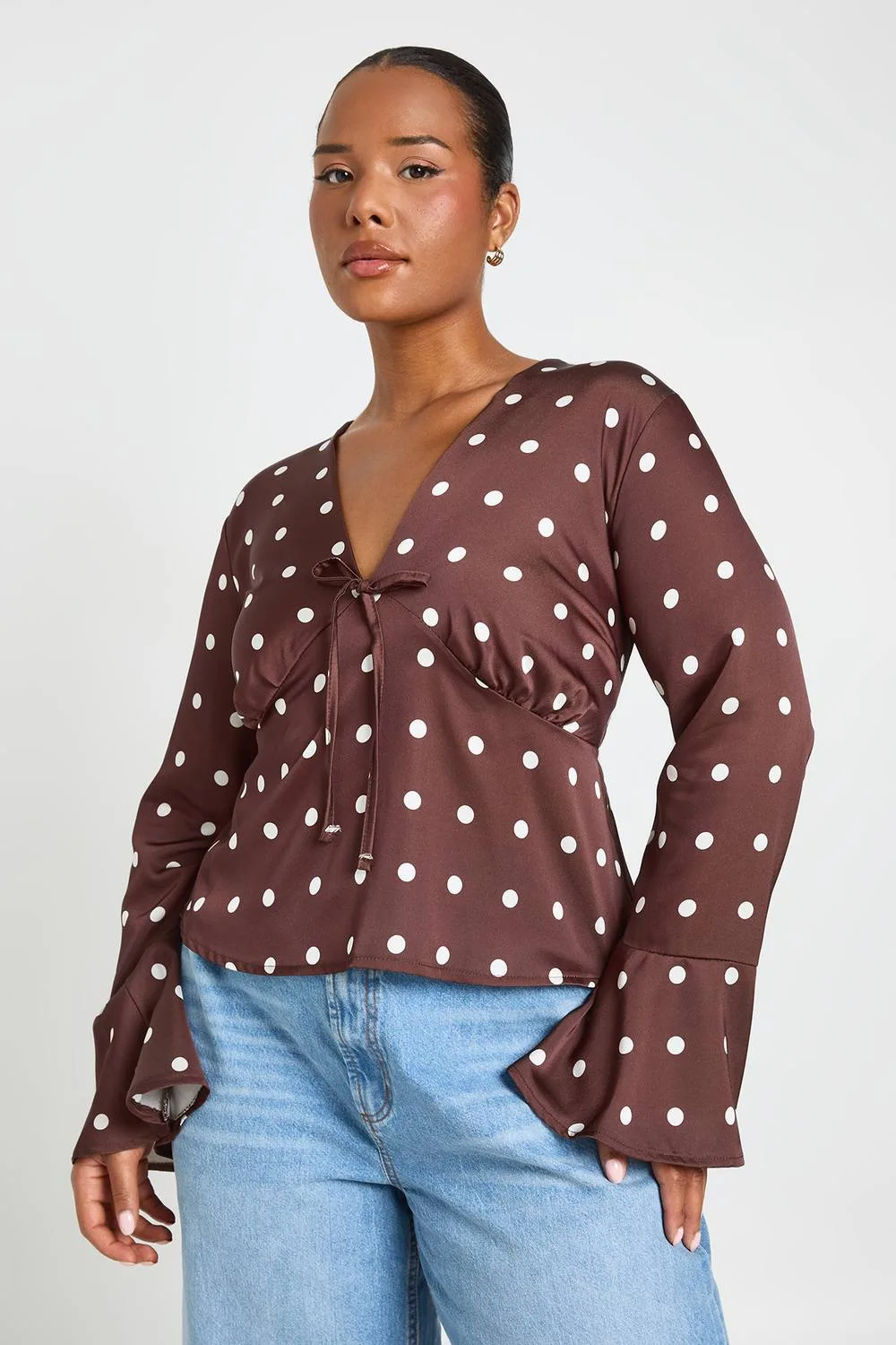 Satin Polka Tie Front Peplum Top by boohoo