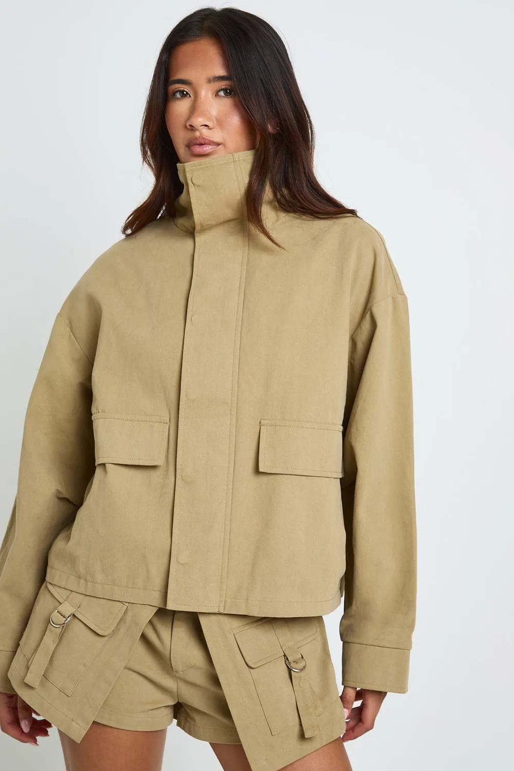 Oversized Twill Funnel Jacket - Stone by boohoo
