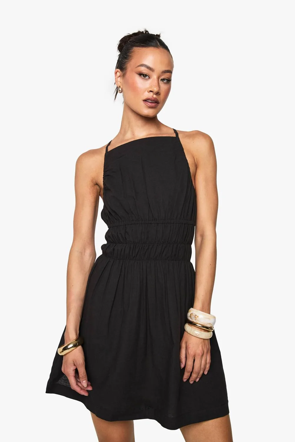 Linen Look Ruched Mini Dress by boohoo