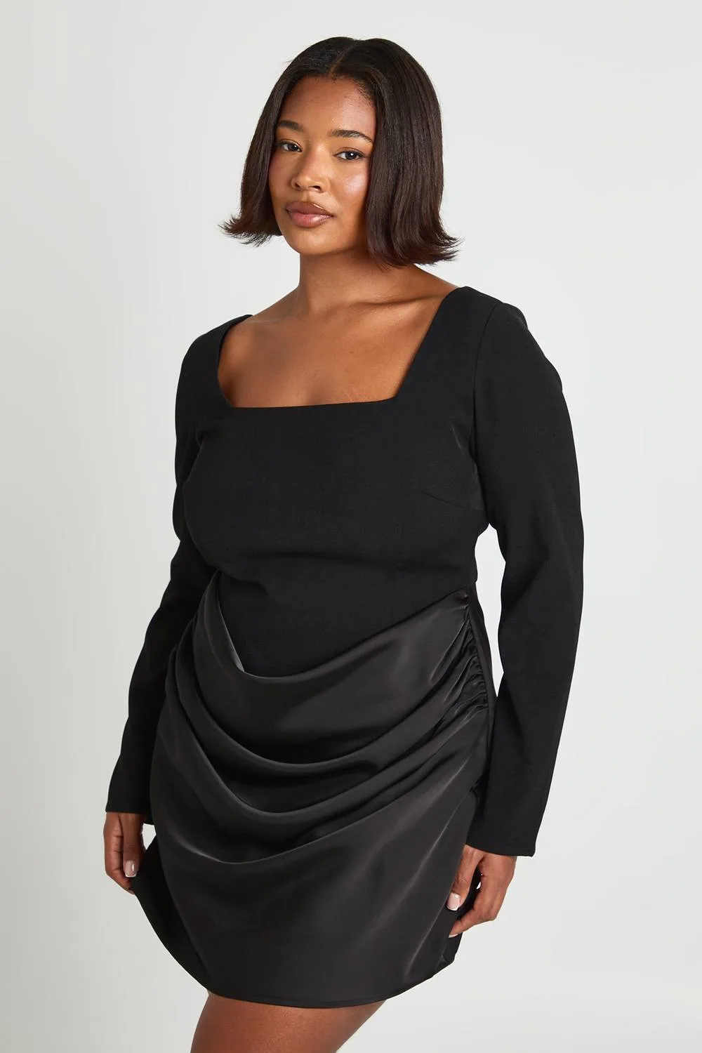 Satin Drape Long Sleeve Mini Dress by boohoo