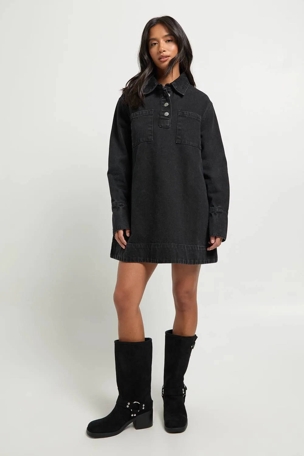 Long Sleeve Denim Dress by boohoo