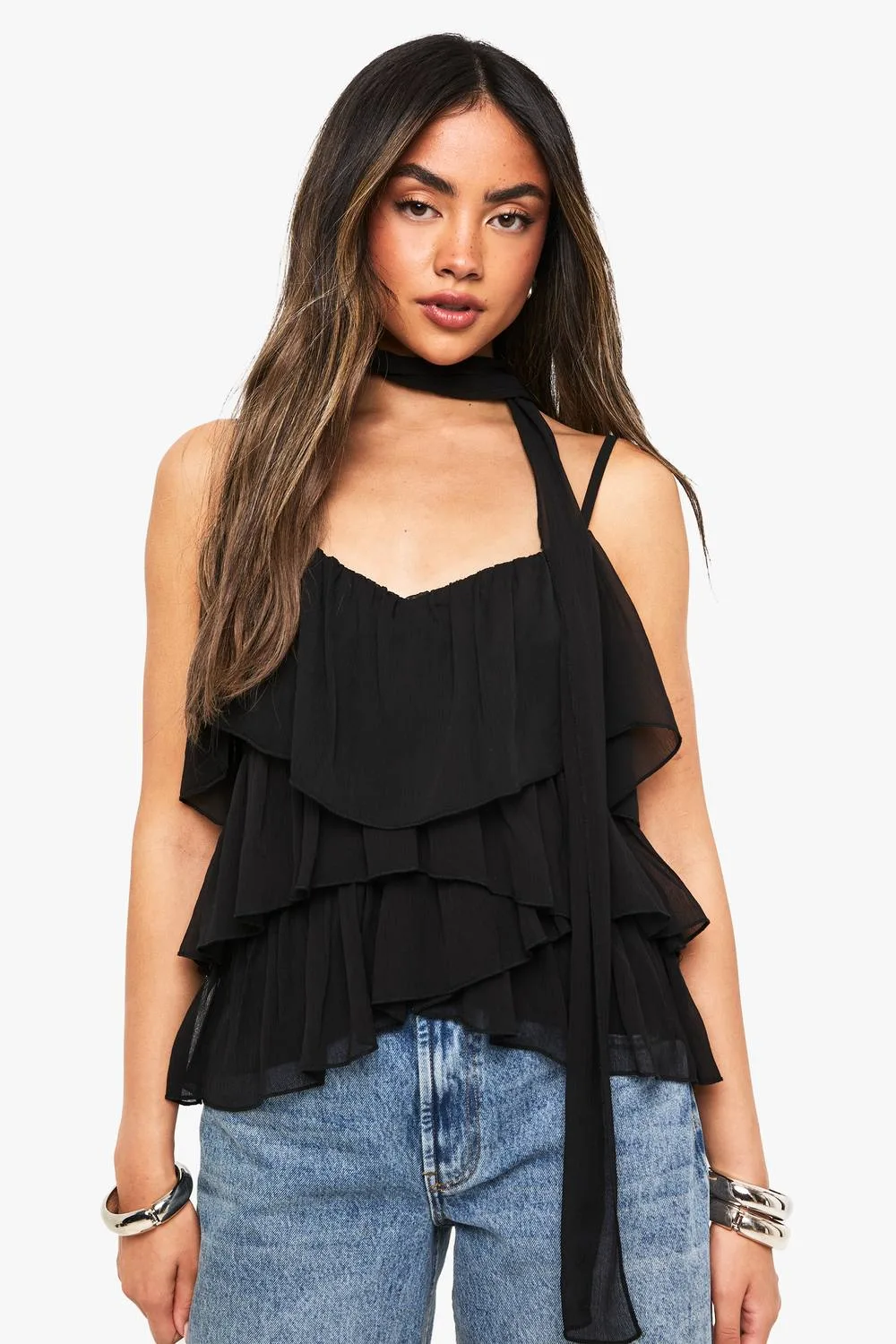 Crinkle Chiffon Ruffle Scarf Cami Top by boohoo