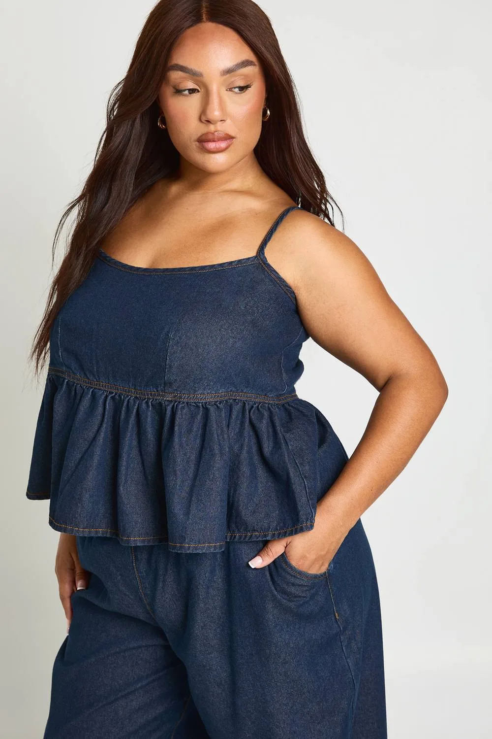 Strappy Frill Hem Denim Top by boohoo