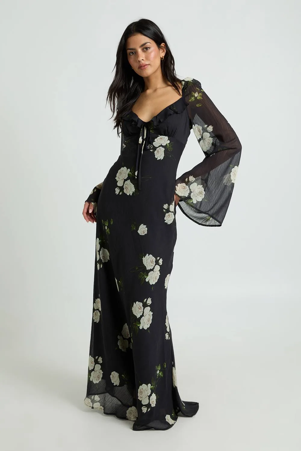 Floral Chiffon Ruffle Maxi Dress by boohoo