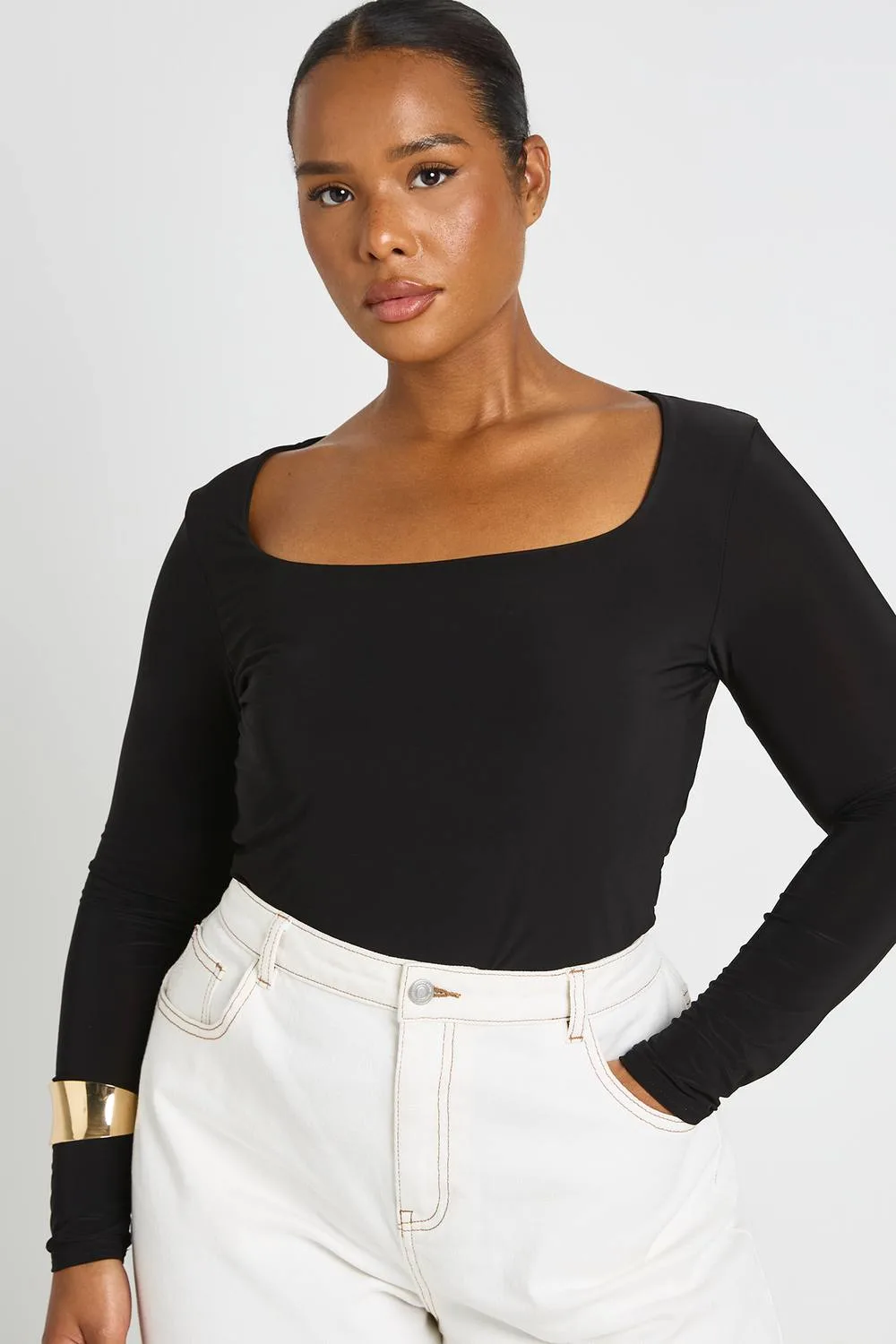 Double Layer Slinky Square Neck Long Sleeve Top by boohoo