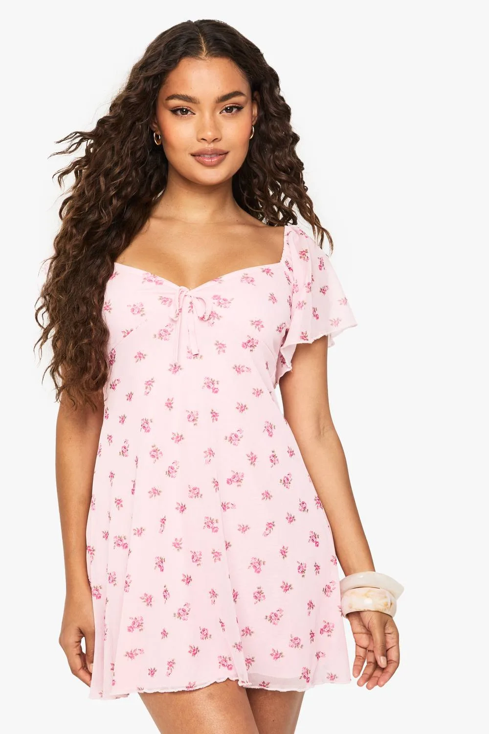 Ditsy Floral Mesh Angel Sleeve Tie Front Mini Dress