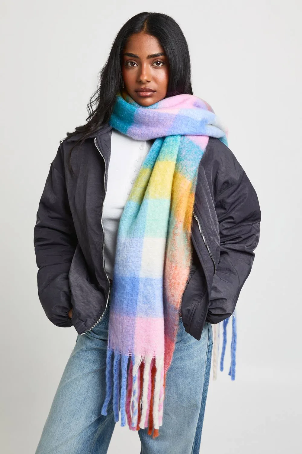 Oversized Checked Tassel Fluffy Scarf by boohoo