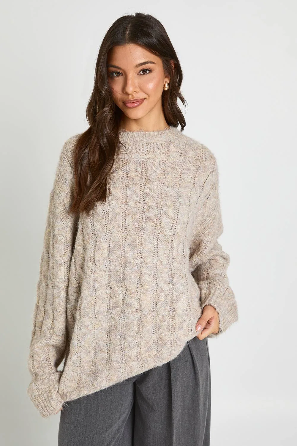 Crew Neck Cable Knit Jumper by boohoo