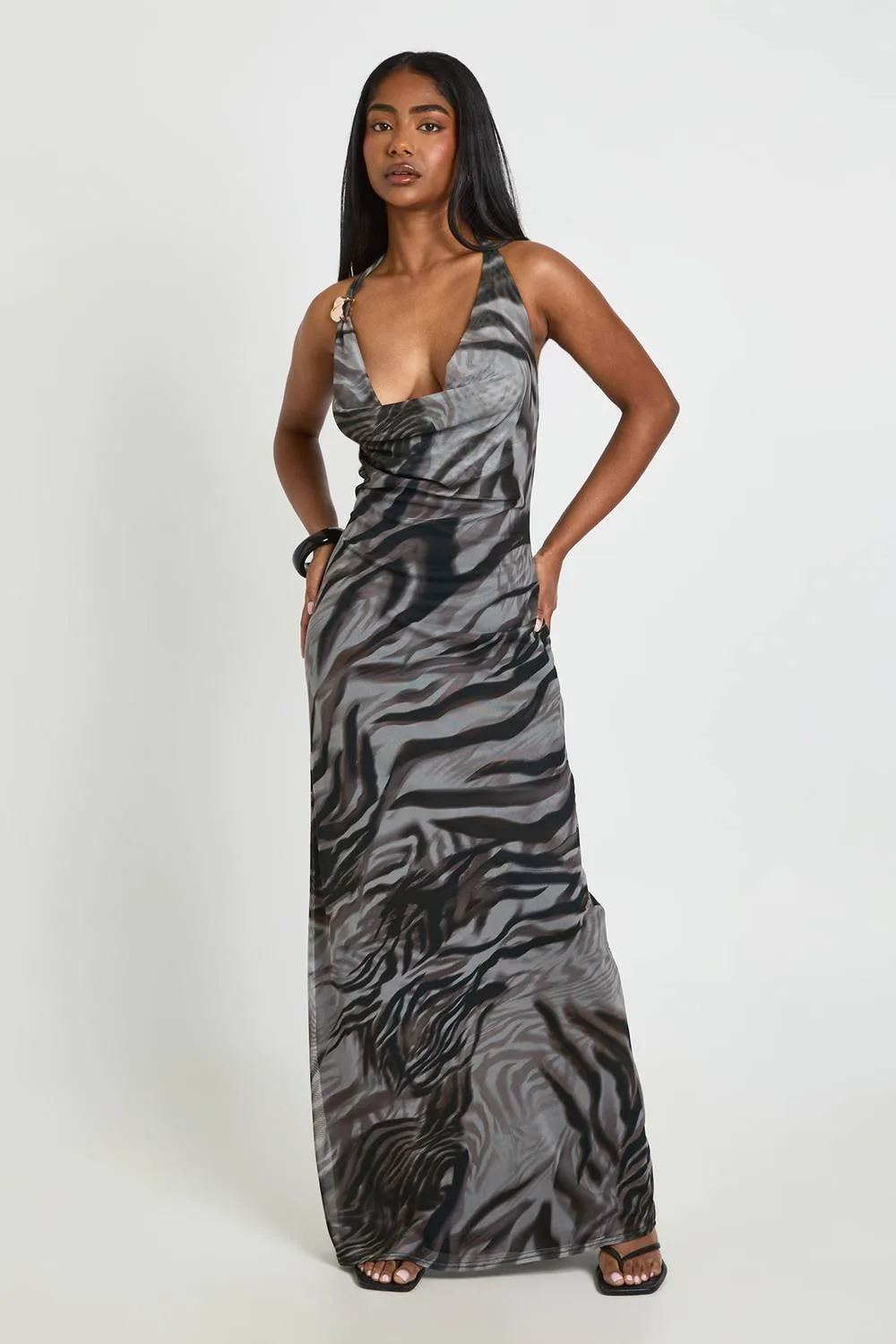 Zebra Printed Mesh Halterneck Trim Detail Cowl Maxi Dress