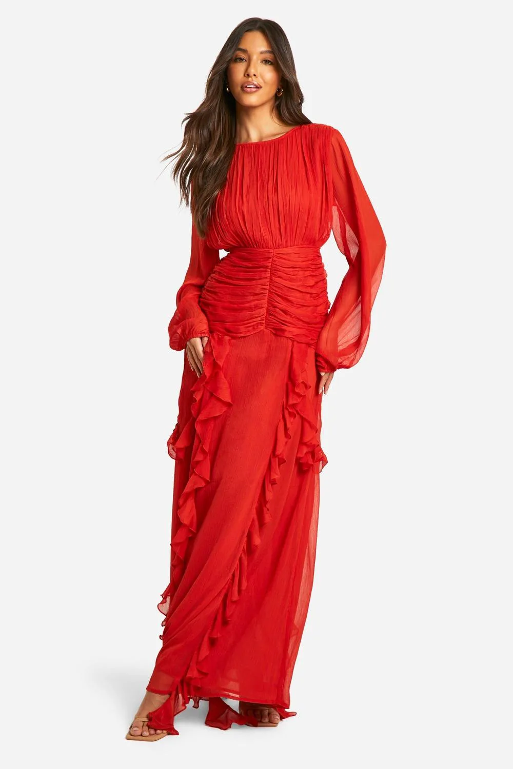 Crinkle Chiffon Ruffle Maxi Dress by boohoo