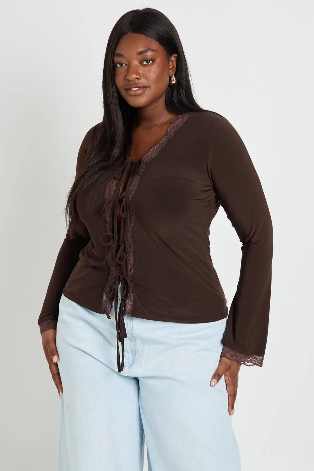 Lace Trim Tie Front Long Sleeve Top by boohoo