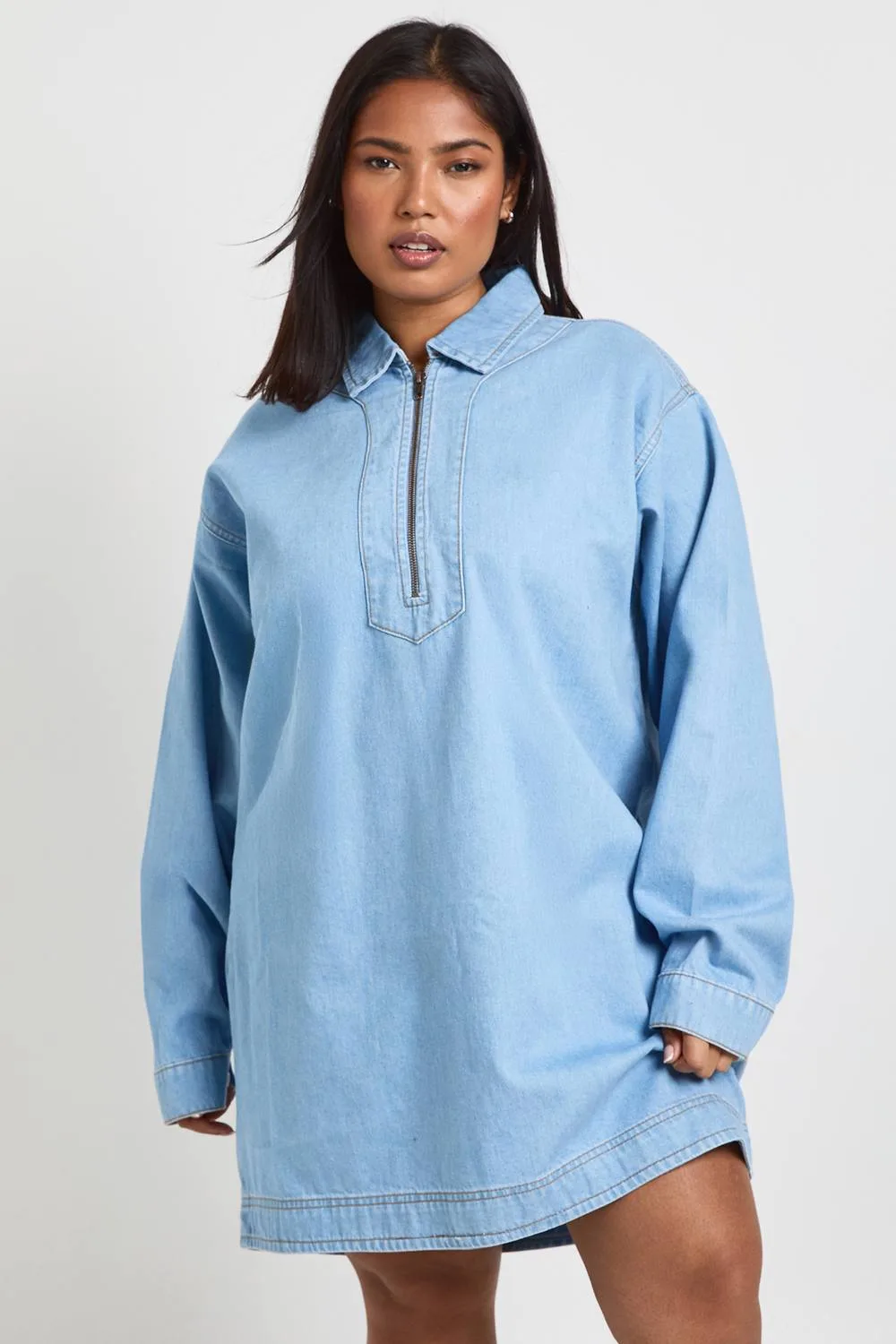 Denim Zip Up Shift Dress by boohoo
