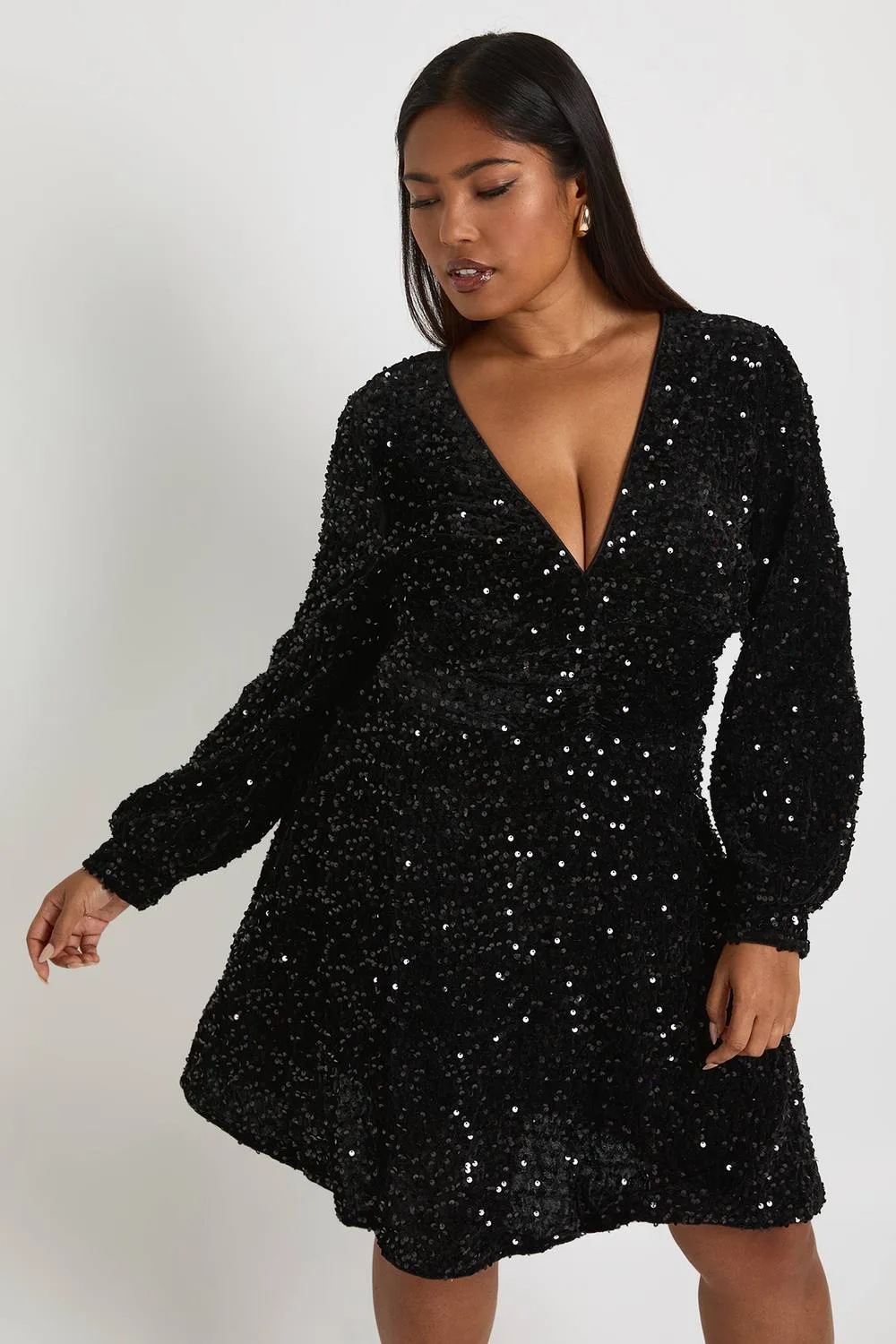 V Neck Velvet Sequin Skater Dress by boohoo