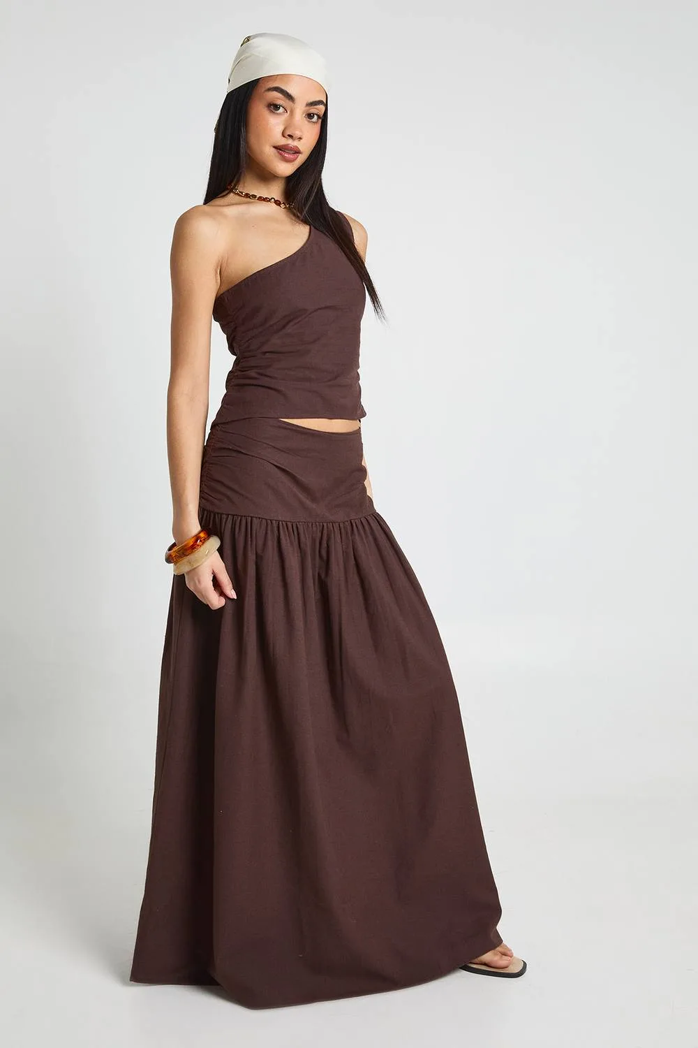 Linen Look One Shoulder Top & Maxi Skirt by boohoo