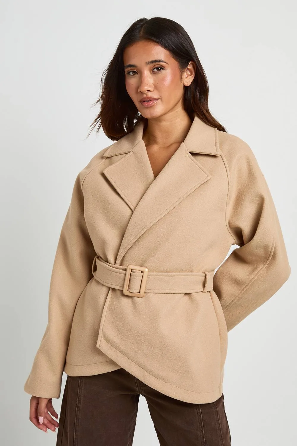 Belted Wool Look Coat - Stone by boohoo