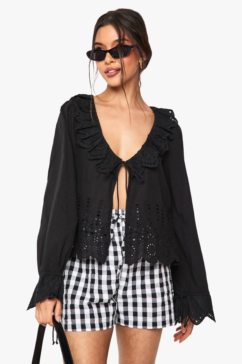 Ruffle Broderie Tie Detail Blouse by boohoo