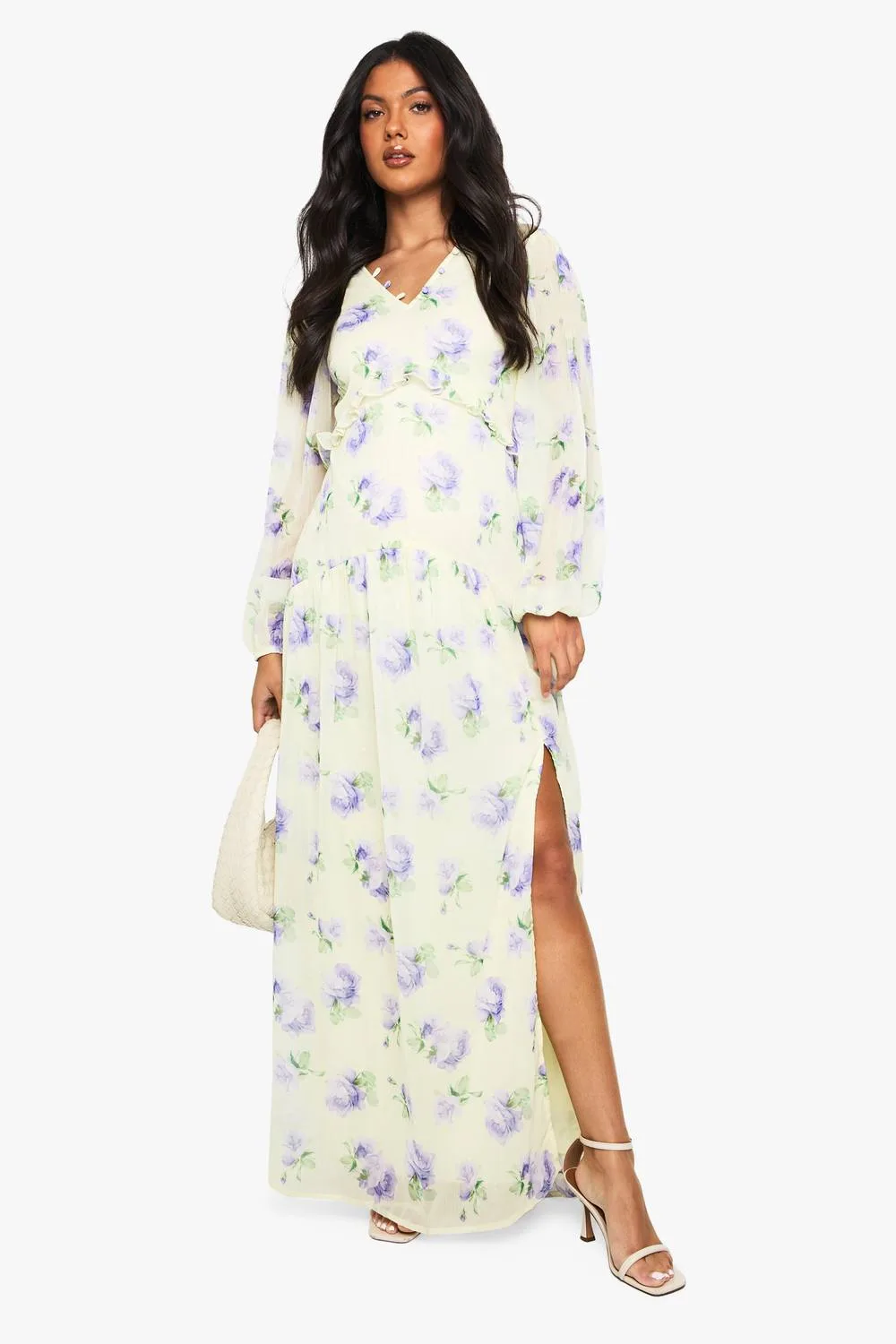 Chiffon Long Sleeve Pleated Waist Maxi Dress by boohoo